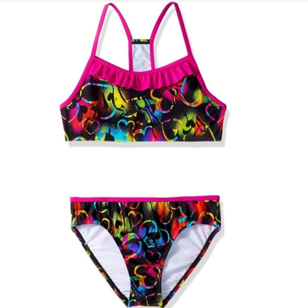 NEW SPEEDO Girls Black Neon Hearts Tankini 2 Piece Swimsuit Sizes 12 14 16